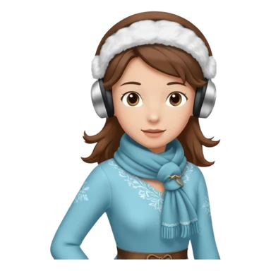 Victorian ice skater in a long dress. She is wearimg a scarf and earmuffs. She has brown hair. sticker
