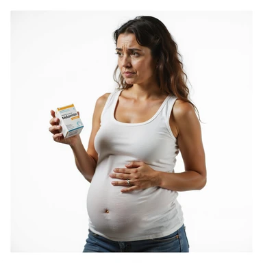hyperrealistic 4K vertical 9:16 portrait of a woman with PCOS or insulin resistance, tired and frustrated face, holding a box of Metformin looking at it with disappointment, touching her still bloated belly with the other hand, white background sticker