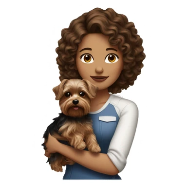 white women with curly medium length brunette hair, holding a cute yorkie dog sticker