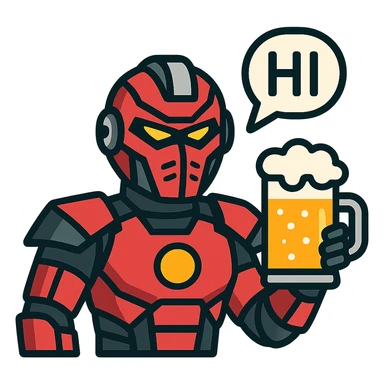Sector from Mortal Kombat, detailed red-armored ninja robot, holding a glass of beer, fun and casual, speech bubble with 'HI' sticker
