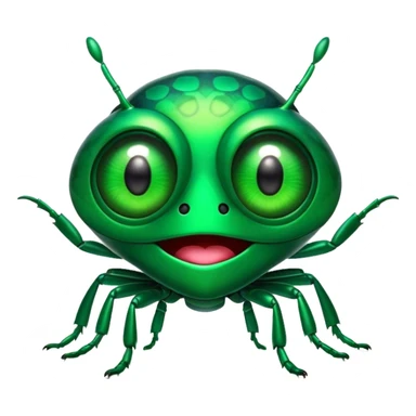 Cinematic Comical Green Bugdie Portrait Emoji, Head tilted dramatically with an exaggeratedly amused expression, featuring a striking, glossy emerald exoskeleton with bold patterns, wide, expressive multifaceted eyes filled with playful disbelief, Simplified yet hilariously expressive features, highly detailed, glowing with a slightly sassy glow, high shine, dramatic yet playful, stylized with an air of cheeky mischief, bright and endearing, soft glowing outline, capturing the essence of a spirited and over-the-top bug, so meme-worthy it feels like it could side-eye its way into internet fame instantly! sticker