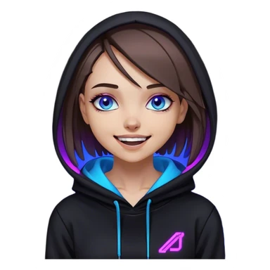 a girl with a brown bob and blue eyes in a black hoodie laughs and holds her head Cyberpunk style. Violet neon. sticker