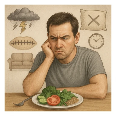 Realistic style illustration of a man in his thirties sitting at a table, looking suspiciously at a plate of healthy food. Behind him, transparent symbolic elements: a storm above the head representing stress, a sewn mouth representing repressed emotions, a pillow with an X representing insomnia, and a sofa with a clock representing sedentariness. Neutral atmosphere, realistic symbolic style. sticker