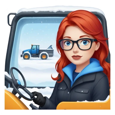 lady with red hair, blue eyes and glasses inside a big Snowplow sticker