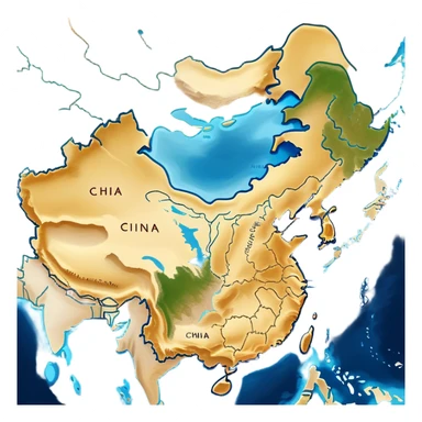 Cinematic-realistic outline of china, featuring its distinct landmass with accurately defined coastlines. The deep blue ocean surrounds the golden-brown continent, with subtle topographic shading to highlight its terrain. A soft glowing effect enhances the edges, making the shape stand out against a neutral, textured background. sticker