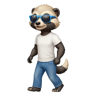 friendly anthropomorphised honey badger in jeans and a t-shirt, wearing sunglasses, walking upright, standard pose sticker