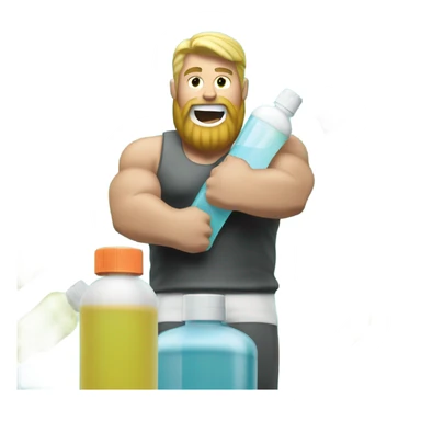 Buff man with blonde short hair and a medium length blonde beard riding on top of a giant bottle of listerine sticker