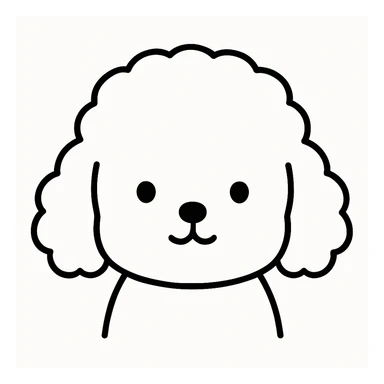 minimalist kawaii line art of a poodle-like dog's head with a large, round, fluffy head and puffy, curly ears hanging down on each side, resembling a poodle. facial features are extremely minimal: two small black dot eyes set wide apart, a tiny round nose, and a simple curved mouth like an upside-down 'Y'. thick, clean, bold black lines on a white background. expression is calm and neutral, conveying a gentle, sweet, and peaceful personality. symmetrical and child-friendly, with a warm, cozy feeling. no colors or shading, just black linework. slight hand-drawn quality but polished and readable, ideal for coloring books or stickers. sticker