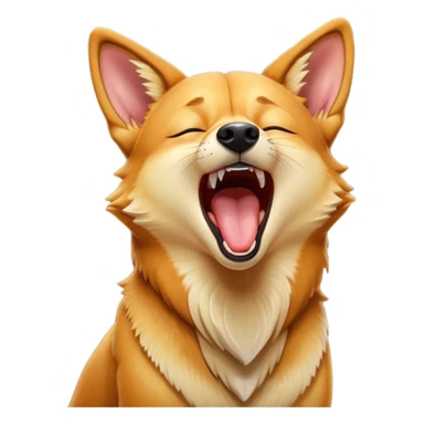 Cinematic Cute Yawning Dingo Portrait Emoji, Head tilted slightly with a dramatic, wide-open yawn, showcasing a soft, sandy fur with gently drooping ears and round amber eyes barely open in drowsy contentment, Simplified yet irresistibly adorable features, highly detailed, glowing with a soft, cozy glow, high shine, relaxed yet expressive, stylized with a touch of wild charm, bright and endearing, soft glowing outline, capturing the essence of a sleepy yet affectionate dingo, so drowsy it feels like it could stretch out of the screen and curl up for a nap! sticker