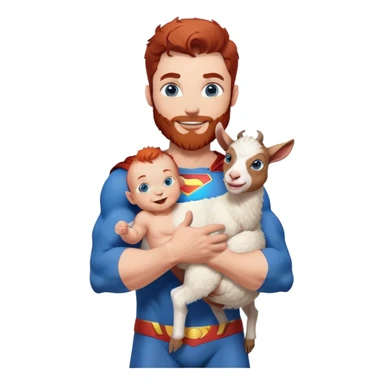 Full body Adult Superman Blue Eyes Scruffy Redish hair and redish trimmed Beard Muscle happy holding a happy baby goat with blue hair sticker