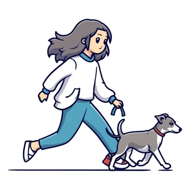 Japanese girl with flowing hair walking a grey greyhound sticker