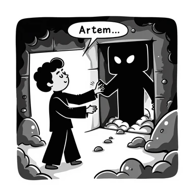 Scary Minecraft Enderman attacking player with username "Artem" floating text, in the dark End dimension with end stone sticker
