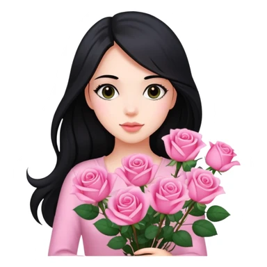 A beautiful girl with long black hair holding a bouquet of pink roses sticker