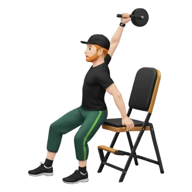 גבר זקן ג'ינג'י מלא כובע שחור הפוך חולמה שחורה ומכנסיים ירוקות ארוכות מבצע תרגיל לאנג' בתמיכת כיסא מהצד שתי רגליים על הרצפה מח^זיק כיסא בידו  תמיכה קלה ידו על משענת הכיסא sticker