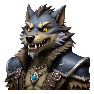 Cinematic Realistic WoW Worgen Portrait, head tilted dramatically with an exaggeratedly amused expression, blending ferocious beastliness with a touch of unexpected humor. His rugged fur, tanned skin, and worn leather garments are rendered with meticulous detail and dynamic lighting, high shine, dramatic yet whimsical, capturing the essence of a worgen whose epic might is tempered by a playful, irreverent charm. sticker