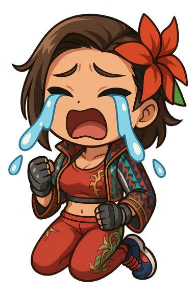 Azucena from Tekken 8 in chibi sticker style, crying with big teardrops, standard Twitch emote, wearing her detailed red and patterned outfit as shown in the reference images. sticker