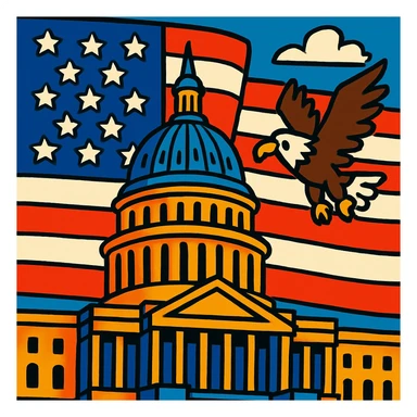 the US Capitol building with the American flag in the background and an eagle flying, in a bold cartoon style sticker
