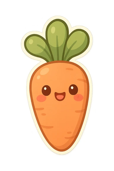 chibi sticker-style carrot with a smiling face, cute and exaggerated sticker