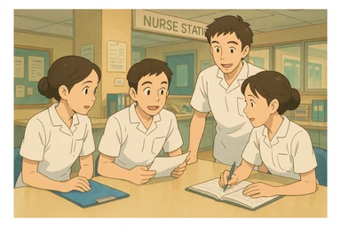 groupe de quatre étudiants infirmiers discutant et travaillant ensemble dans un poste de soin, style Ghibli, uniformes blancs à manches courtes, tuniques médicales col en V, poche poitrine à gauche, sans pied de col ni accessoires, ambiance d'équipe sticker