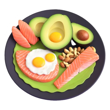 plate with typical keto foods: avocado, eggs, salmon, and nuts sticker
