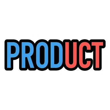 the word PRODUCT in bold blue and red elements, modern icon style sticker