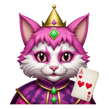 court jester cat medieval, single poker card joker clearly visible, pink, face only sticker