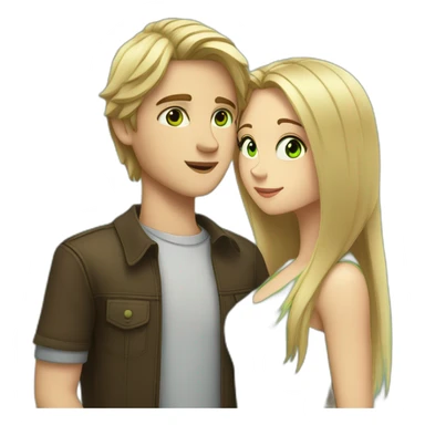 a blond boy with brown-green eyes kisses a brunette girl with long straight hair and bright green eyes on the cheek sticker