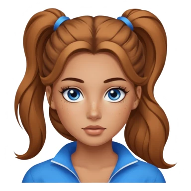 Attractive Woman with tan skin, baddie style, blue eyes, wide face, freckles, and a long voluminous ponytail and dark eye makeup sticker