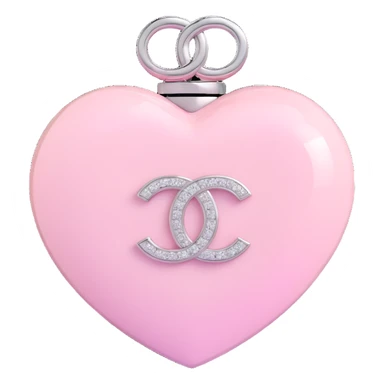 Add a soft pink glow around the glossy white heart with diamond accent and silver Chanel logo, elegant, white and silver color scheme, keep the background transparent except for the glow. sticker