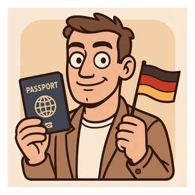 cartoon character with a passport and a small German flag, confident and trustworthy, modern app icon style sticker
