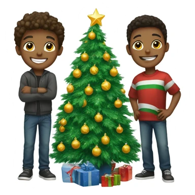 boys smiling by christmas tree sticker