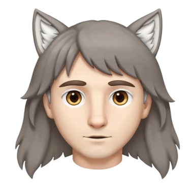 white man with grey eyes, brown hair, curtain bangs, and white wolf ears sticker