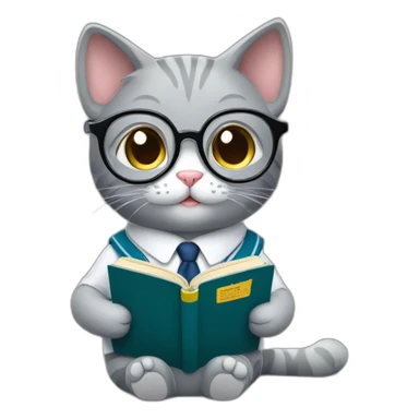Cute grey cat in school uniform and glasses reading a book sticker