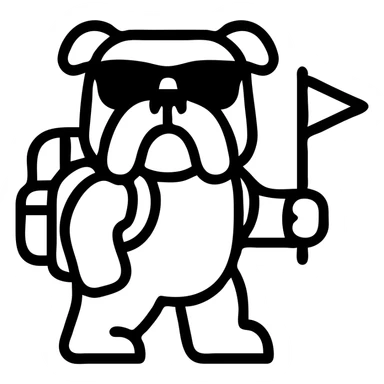 english bulldog as a tour guide icon style, with a backpack and sunglasses sticker