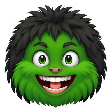 A bald person with green sclera and green teeth, grinning widely. Has fluffy black neck fur, with a fluffy black body sticker