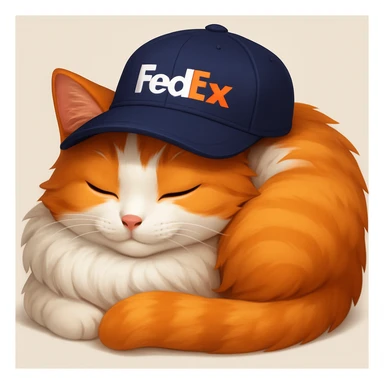 sleeping cat emoji with a FedEx uniform cap sticker