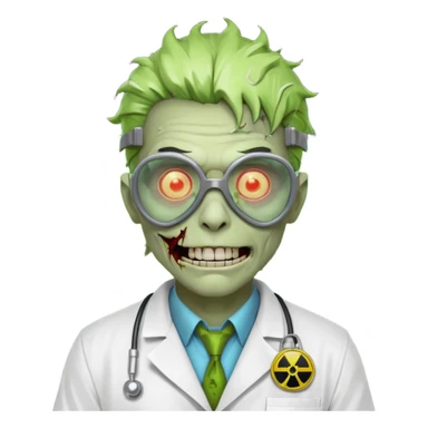 radioactive zombie scientist portrait, head and shoulders only, glowing toxic veins, cracked goggles, lab coat with radiation badge, sinister smile, 3D cartoon, mobile game icon style, clean background, no text, no watermark
 sticker