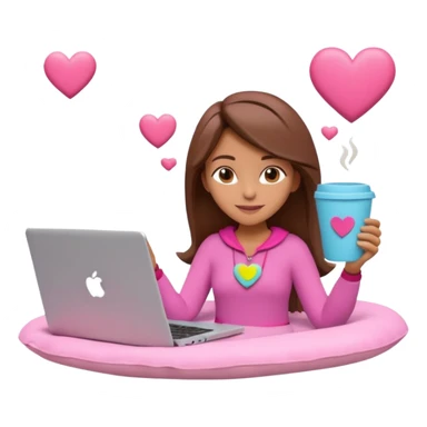 3D clay character relaxed with laptop and coffee, floating icons (envelope, heart, dollar), colofrful outfit, pink (#FF6B9D) floating icons, white laptop, Pixar style, transparent background sticker