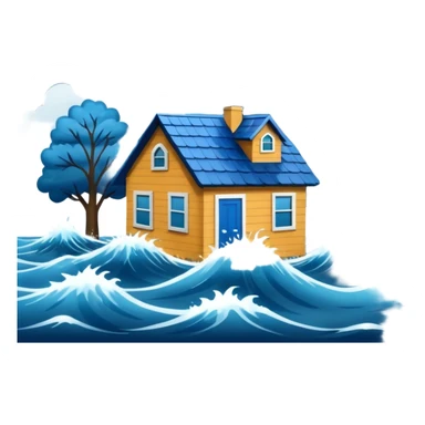 showing a flood disaster scene with powerful blue water waves overflowing around small houses and trees, dark cloudy sky, heavy rain falling, dramatic yet simple design sticker