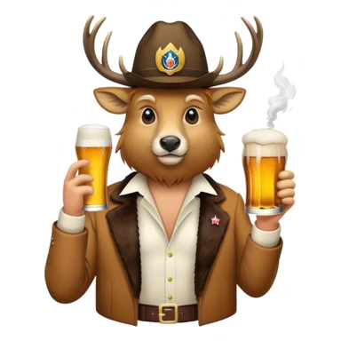 A buck with a beer trump hat and cigarette  sticker