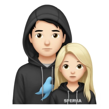 I want it to be this emote 🙍‍♂️
of a guy with black hair and a black sweatshirt with the word "sperma" written in white in the middle. Behind him, there's a pretty blonde with long hair, pulling the string on the first person's hoodie. The girl is wearing a gray sweatshirt. sticker