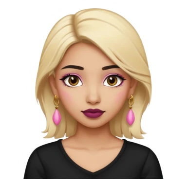 Sweet Indian girl blonde hair darkbrow  eyes brown lipstick, pink blush, black top gold earrings, brown eyebrows  sticker