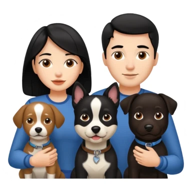 Una chica de pelo negro, con su pareja hombre y sus dos perritas una cafe y la otra negra sticker