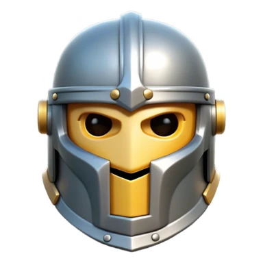 Clash of Clans aesthetic: Cinematic Playful Steel Helm Emoji, rendered in a 3D vector-style similar to standard emojis with minimal shading and bold, simplified shapes. A compact, isometric helmet crafted of shining steel with intricate engravings and a protective visor, softly glowing with a noble warrior charm. Simplified yet unmistakably iconic, highly detailed and consistent, glowing with a soft radiant gleam and high polish. Stylized with a touch of chivalric tradition and a soft glowing outline, capturing the essence of a stalwart battle helm with a friendly, playful manner! sticker