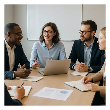 group of people in a meeting room, discussing ideas, professional environment, collaborative atmosphere sticker