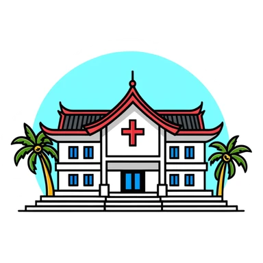 Modern Thai hospital building with traditional Thai roof elements, medical cross symbol, palm trees sticker