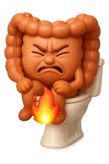 SU QUESTO STILE FAI UN EMOJI STILE IPHONE 3D DI UN INTESTINO CHE sta seduto sul wc e dal wc in mezzo alle sue gambe esce una fiamma stile emoji iphone, FAGLI UN ESPRESSIONE di dolore mentre si sforza E FALLO MOLTO REALISTICO IN 3D sticker