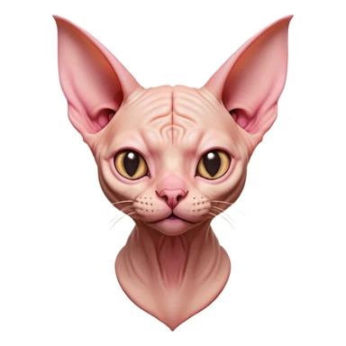 Cinematic Comical Sphynx Cat Portrait Emoji, Head tilted dramatically with an exaggeratedly shocked or offended expression, smooth, wrinkled skin in warm peach and pink hues, large bat-like ears perked up, piercing eyes widened in disbelief, Simplified yet hilariously expressive features, highly detailed, glowing with a slightly sassy glow, high shine, dramatic yet playful, stylized with an air of attitude, bright and endearing, soft glowing outline, capturing the essence of a sassy and over-the-top feline, so meme-worthy it feels like it could side-eye its way into internet fame instantly! sticker
