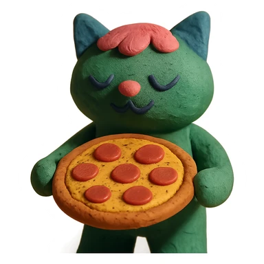 green cat with pink hair and blue ears holding a pizza sticker