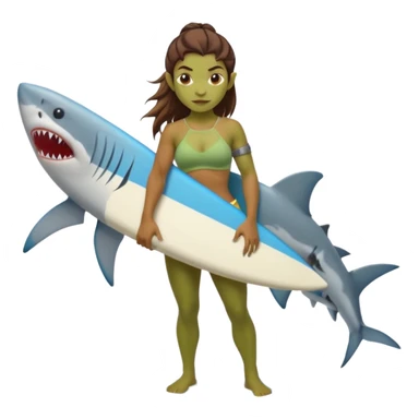 orc female holds a surfboard with a shark painted vertically in his hands sticker